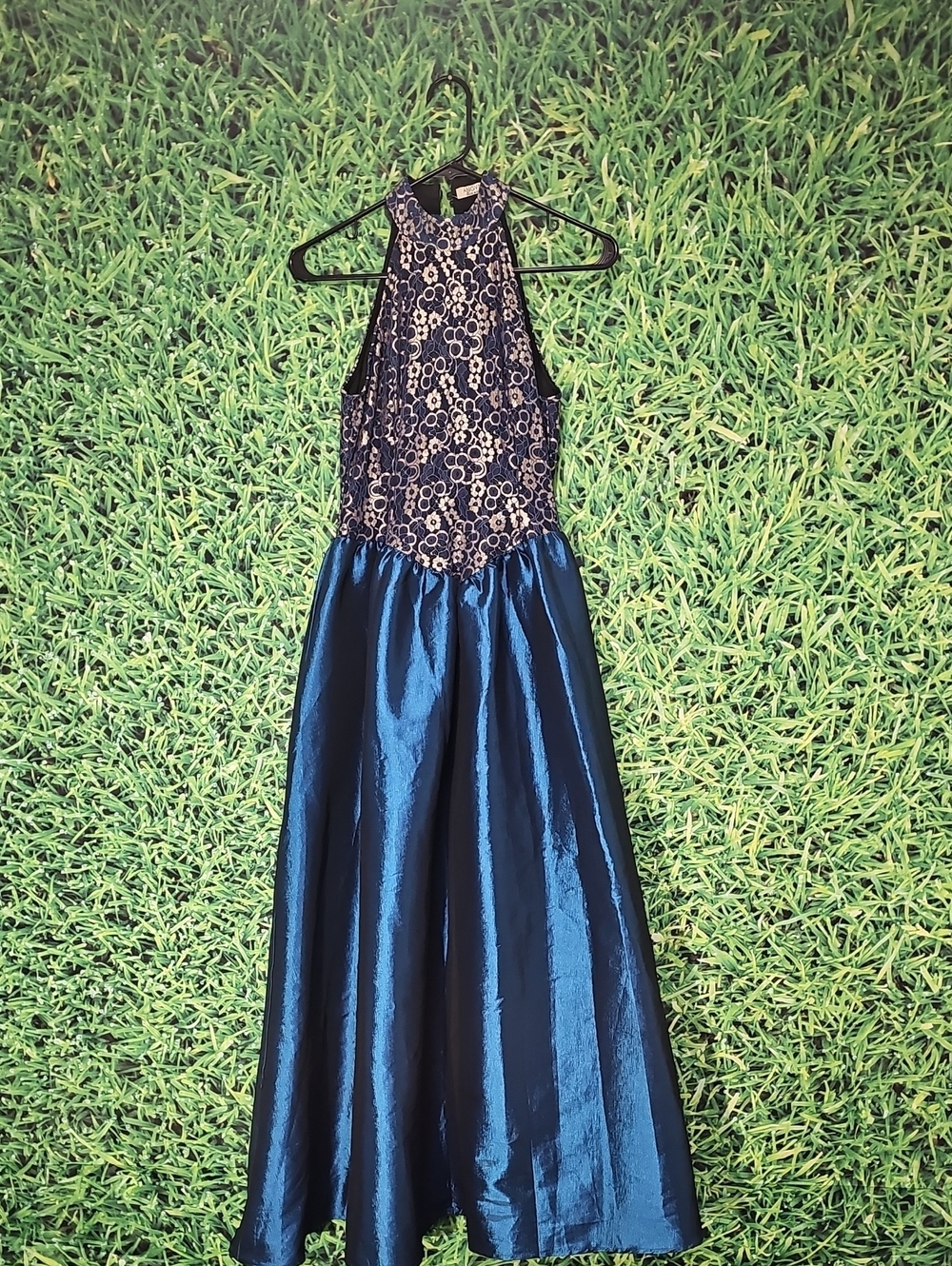 Navy Lace Bodice Satin Skirt Formal Dress